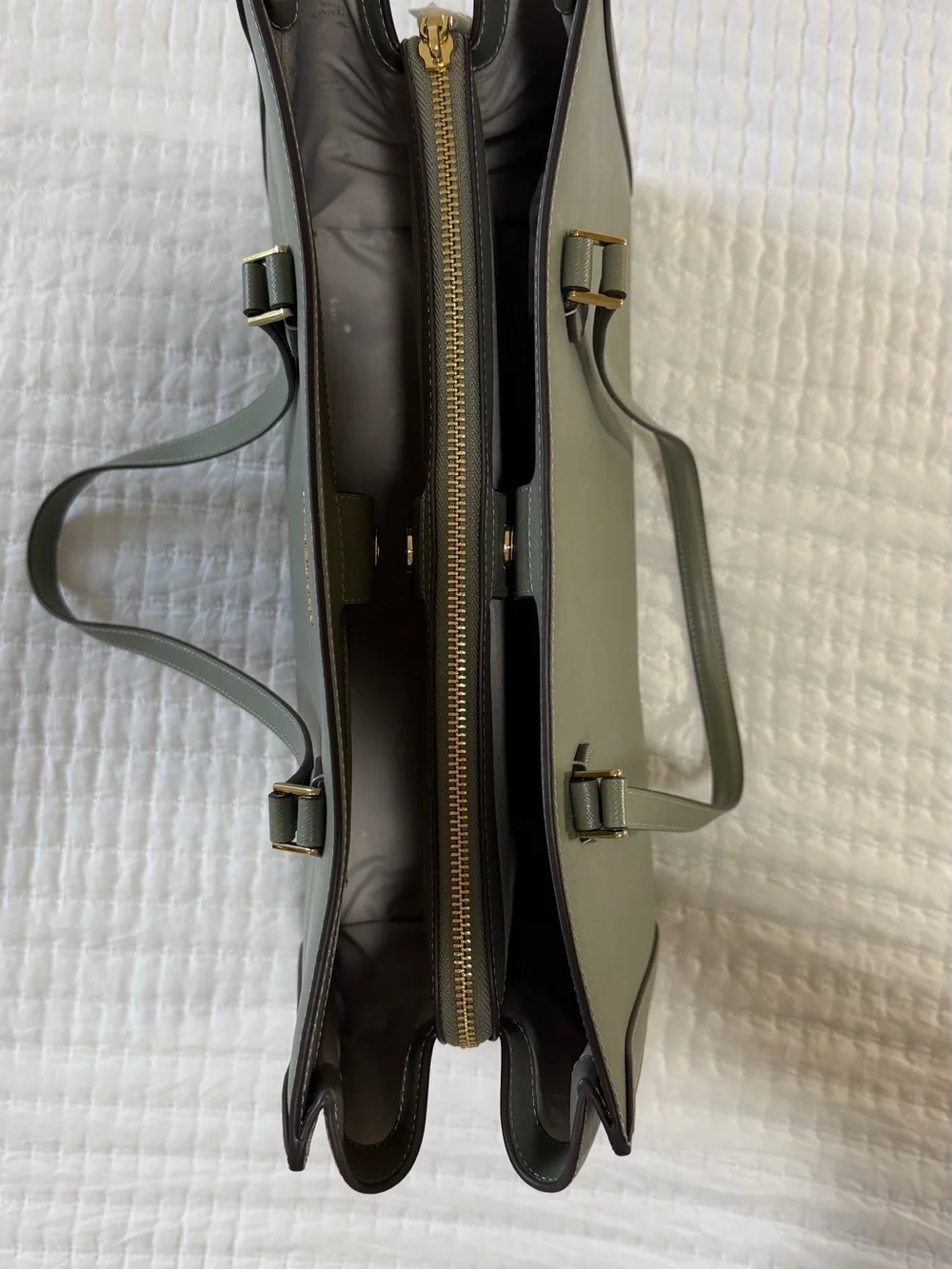 Kate Spade olive green leather tote with gold logo